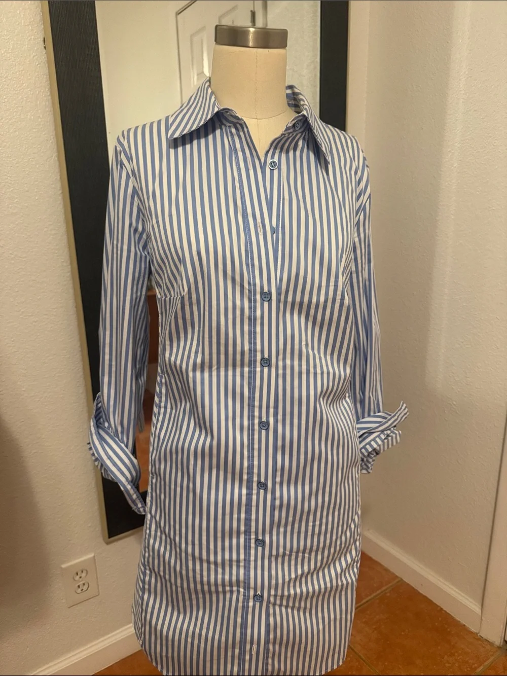 CAbi Blue and White Long-Sleeve Striped Shirt Dress